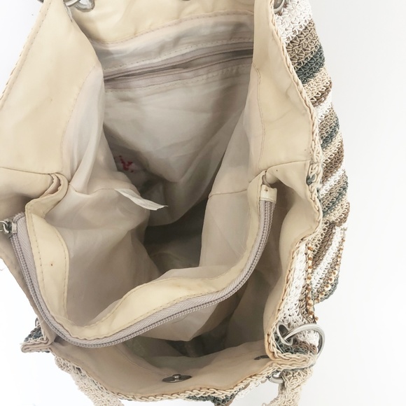 Boho Tan White Green Striped Sequin Hobo Woven Bag - Picture 4 of 8